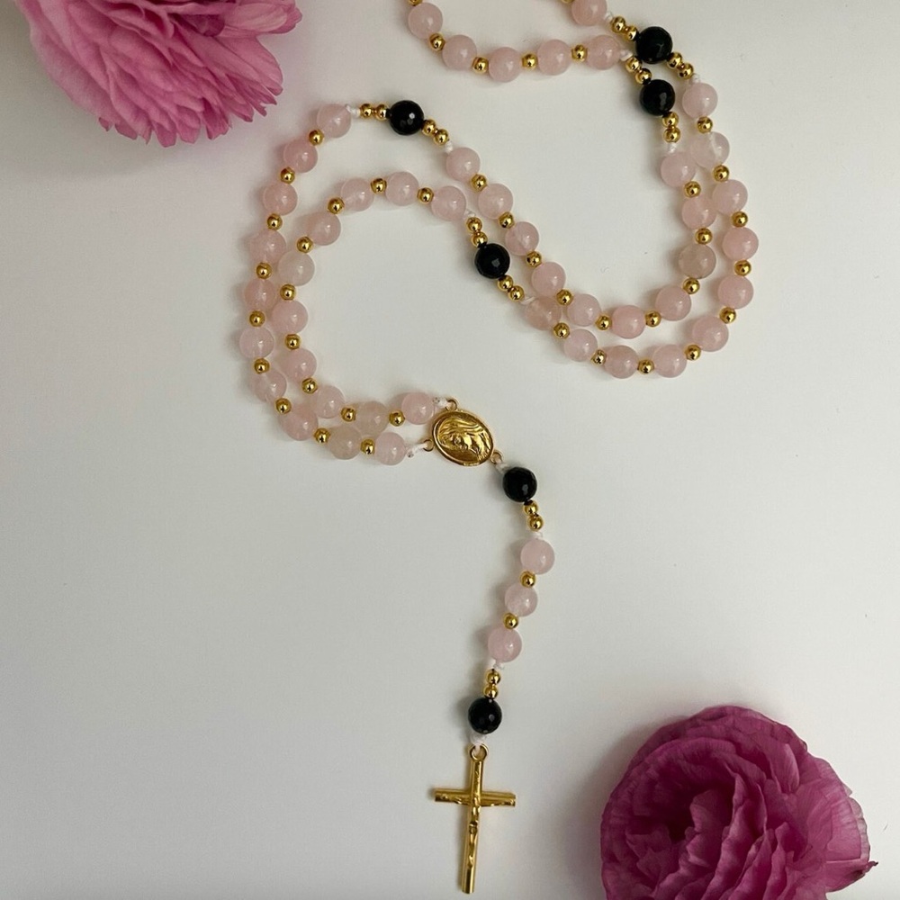Handmade Catholic Rosary | Gold, Rose Quartz, Black Onyx| Gemstone Cord Rosary